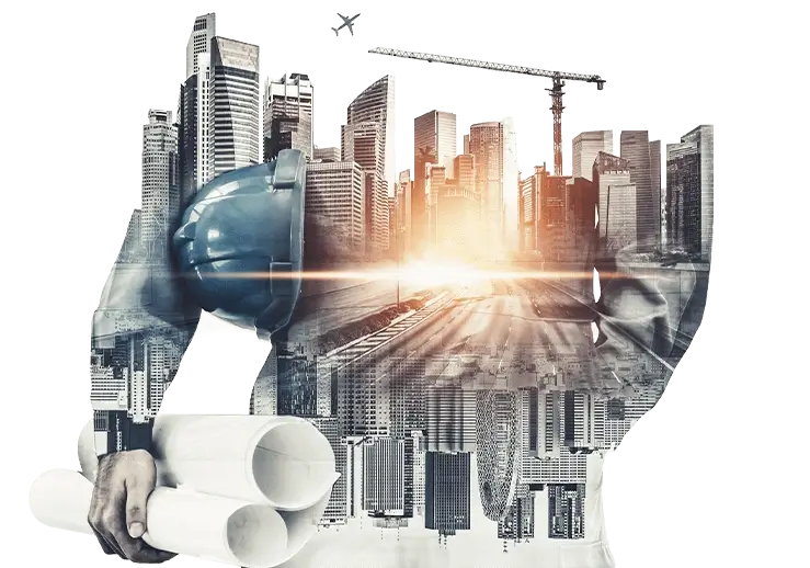 person with cap. inside we need to show construction, finance and Technology